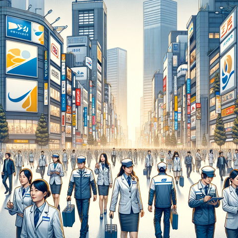 Uniformes Corporativos en un Paisaje Urbano: Ilustración de un entorno urbano con empleados portando uniformes corporativos de diversas empresas, actuando como embajadores de marca