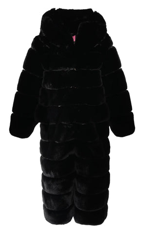 IMAGE OF AZALEA WANG BLACK FAUX FUR TRENCH STATEMENT COAT WITH OVERSIZED HOOD AND ZIP CLOSURE