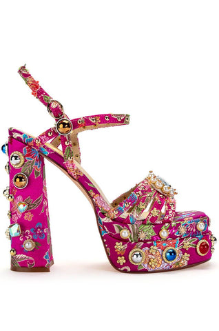 image of platform fuchsia pink heels with brocade accents and pearl and rhinestone details on the front strap