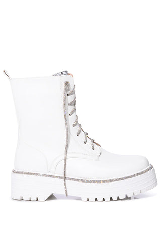 WHITE PLATFORM COMBAT BOOTS WITH CRYSTAL LINED SOLE AND RHINESTONE LACES