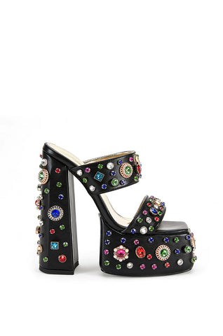 platform open toe heels made of black fabrication and colorful rhinestone