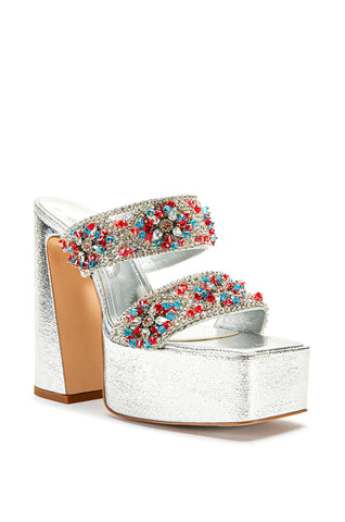 Metallic silver platform heels with colorful rhinestone embellishment