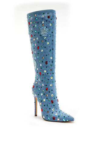 denim knee high pointed toe heels with colorful rhinestone detail
