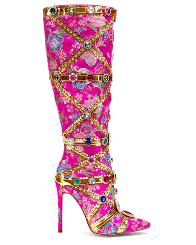 Hot pink knee high boots with flower design and gold zigzag detail with multicolored rhinestone embellishment