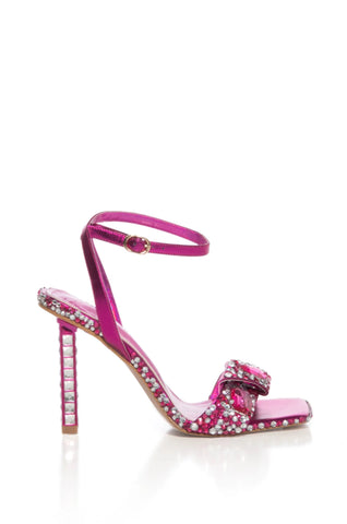 Hot pink rhinestone embellished open toe stiletto sandals with silver rhinestone accents