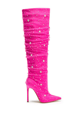 Nicki Minaj concert outfit inspo with hot pink knee high stiletto boots with rhinestone embellishments