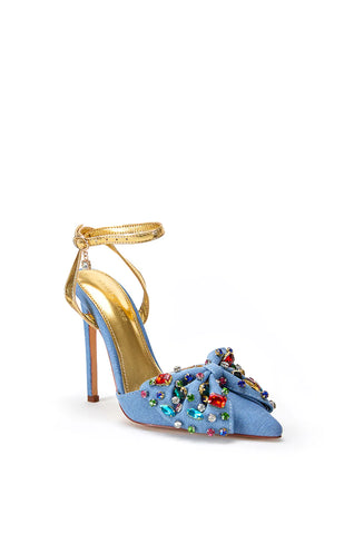 metallic gold and denim pointed toe heels with bow accent and rhinestone embellished front