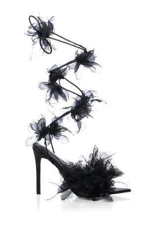 black open toe heels with open toe and wrap up cords with tulle flower accents