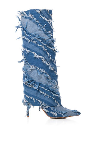 image of denim knee high pointed toe boots with a stiletto heel and distressed denim accents with a fold over boot silhouette