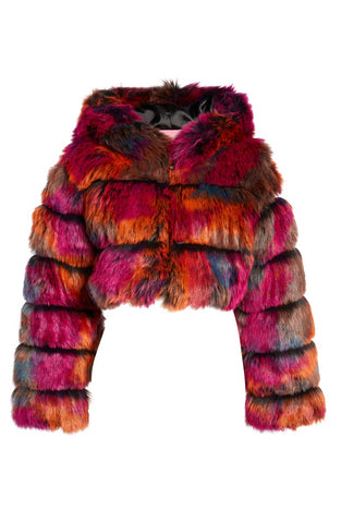 IMAGE Of cropped faux fur azalea wang statement jacket with multicolored orange pink and blue faux fur tie dye design on faux fur fabrication