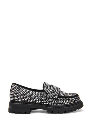 Black platform loafers with crystal rhinestone embellished detail