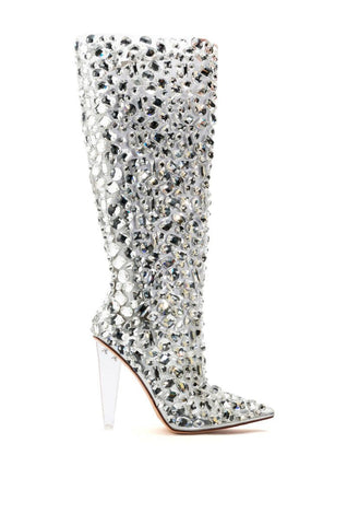 Crystal rhinestone embellished stiletto knee high boots