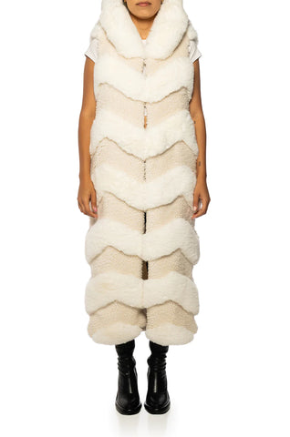 Image of azalea wang light cream faux fur trench vest with furry chevron pattern and a fluffy faux fur hood