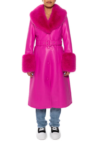 Imamgea wang knee length hot pink faux leather statement acket with belt for cinched waist and hot pink faux fur collar and cuffs