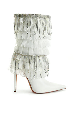 White stiletto bootie with white tulle ruffle and rhinestone chain detail