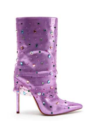 image of mid calf lenth stiletto booties with metallic purple base and mesh foldover detail with colorful crystal accents