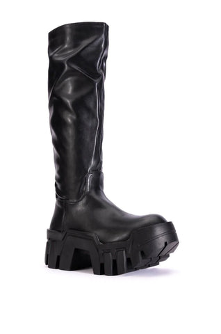 platform black faux leather boots with a chunky sole