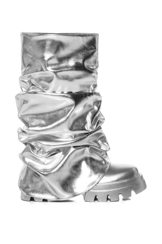 platform metallic silver chunky boots with a foldover silhouette