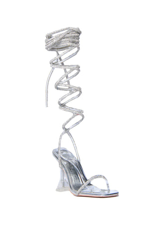 metallic silver heels with crystal straps and wrap up detail