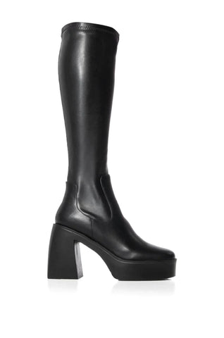 Image of stretchy black knee high faux leather platform boots