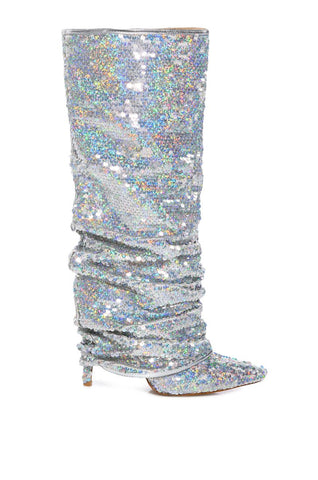 Shiny sequin embellished fold over stiletto boots