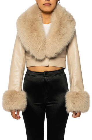 Image of azalea wang faux leather beige jacket with beige faux fur collar and cuffs