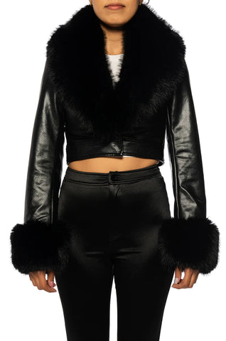 Image of azalea wang black faux leather cropped jacket with black faux fur collar and cuffs