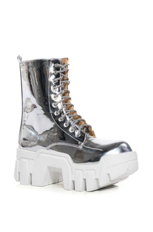 platform shiny silver lace up combat boots with a chunky white sole