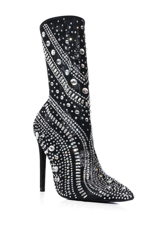 black pointed toe stiletto boots with rhinestone embellished pattern detail