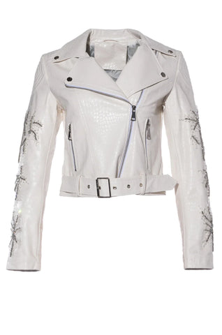 white faux croc leather cropped moto jacket with zip closure and shiny stitch detail on the sleeves