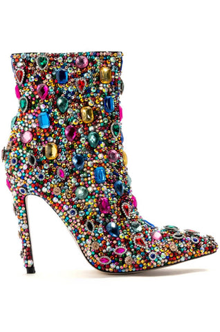 Pointed toe stiletto statement boots with all over colorful rhinestone embellishment