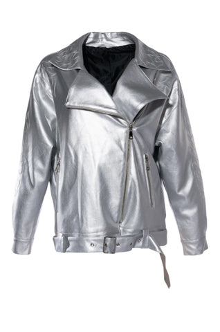 metallic silver moto jacket with western inspired stitching on the sleeves of the jacket