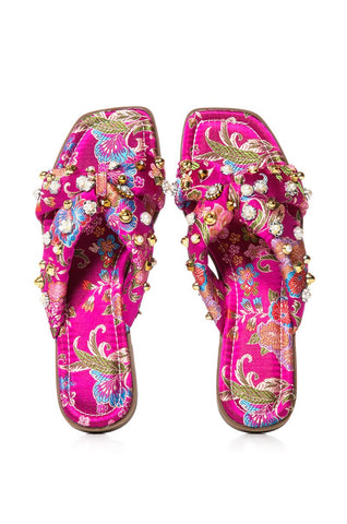 bright pink floral print slip on sandals with rhinestone embellished detail