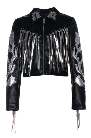 black faux leather jacket with metallic silver fringe and design detail