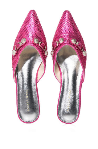 hot pink rhinestone studded pointed toe flats with silver hardware detail