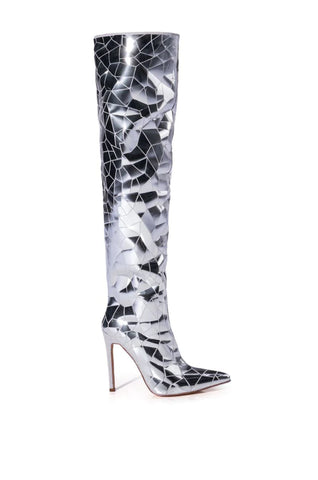 image of knee high pointed toe silver stiletto boots with shattered glass design all over the boot