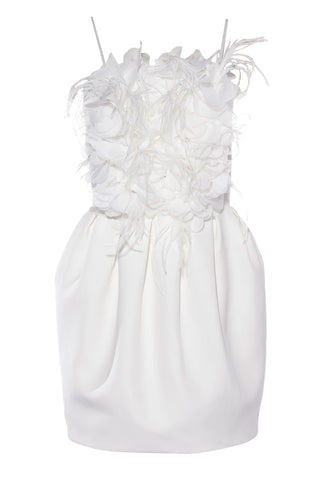 elegant white mini dress with spaghetti straps and tulle flower and feather design on the front bodice