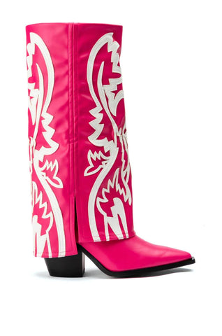 Hot pink fold over cowboy boots with white detail