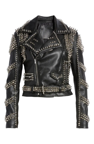 edgy black faux leather moto jacket with statement stud accents on the front collar and sleeves