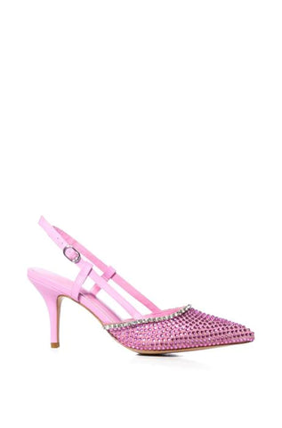 Pointed toe rhinestone studded baby pink kitten heels