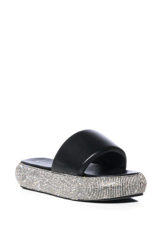 black platform slides with rhinestone embellished sides