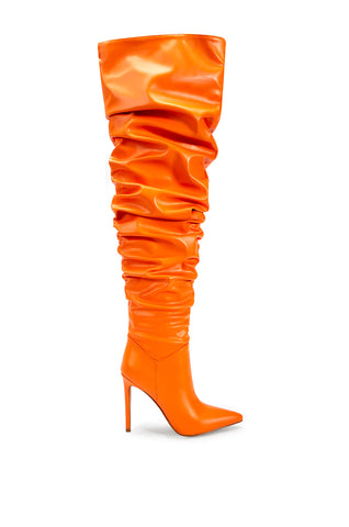 Image of orange thigh high orange faux leather stiletto boots with pointed toe boot silhouette