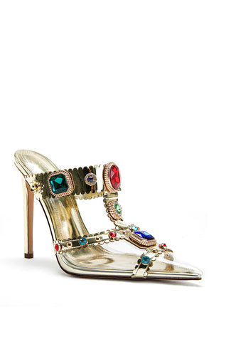 classy gold kitten heels with multicolored rhinestone gems