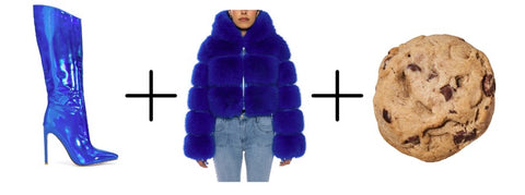 image of holographic blue pointed toe stiletto boots, cobalt blue cropped faux fur coat with a hood, and a chocolate chip cookie