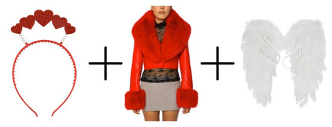 image of flower embellished headband for a cupid costume, a bright red faux leather jacket with faux fur collar and cuffs, and white angel wings