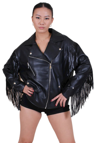 black faux leather moto jacket with western inspired fringe detail on sleeves