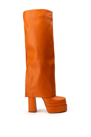 image of platform orange faux leather chunky knee high boots with fold over detail