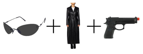 image of futuristic black sunglasses, a black faux leather trench coat, and a prop gun