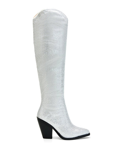 white western style cowboy boots with all over rhinestone design and a black block heel