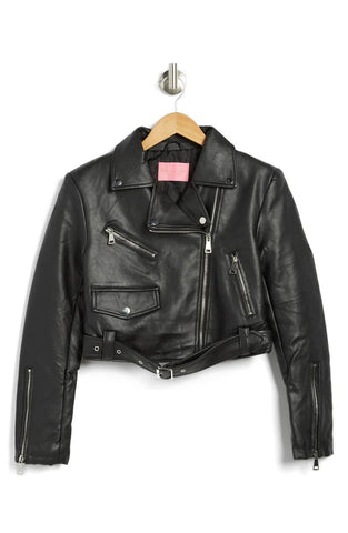 black faux leather moto jacket with silver zippper details